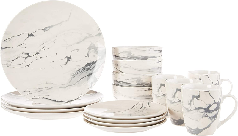 round Dinnerware Sets | White & Gray Kitchen Plates, Bowls, and Mugs | 16 Piece