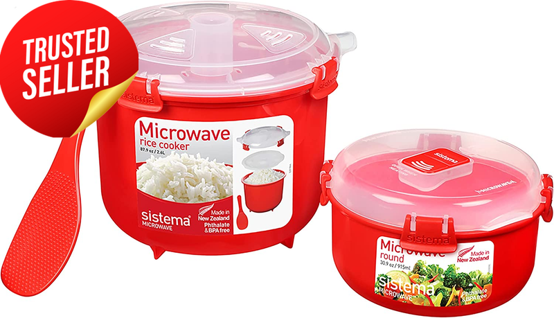 Microwave Rice Cooker 2.6L Red Food Container 915ml BPA Free Set
