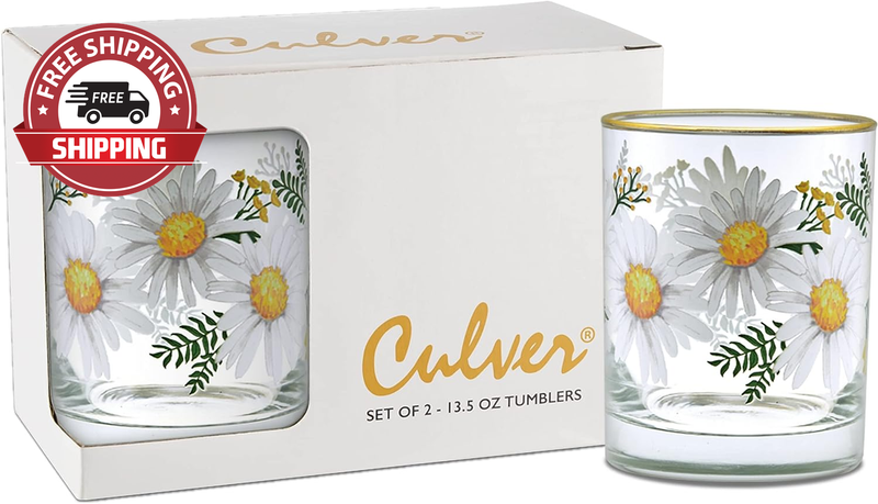 22K Rim White Daisy Chain DOF Double Old-Fashioned Glasses, 13.5-Ounce, Gift Box