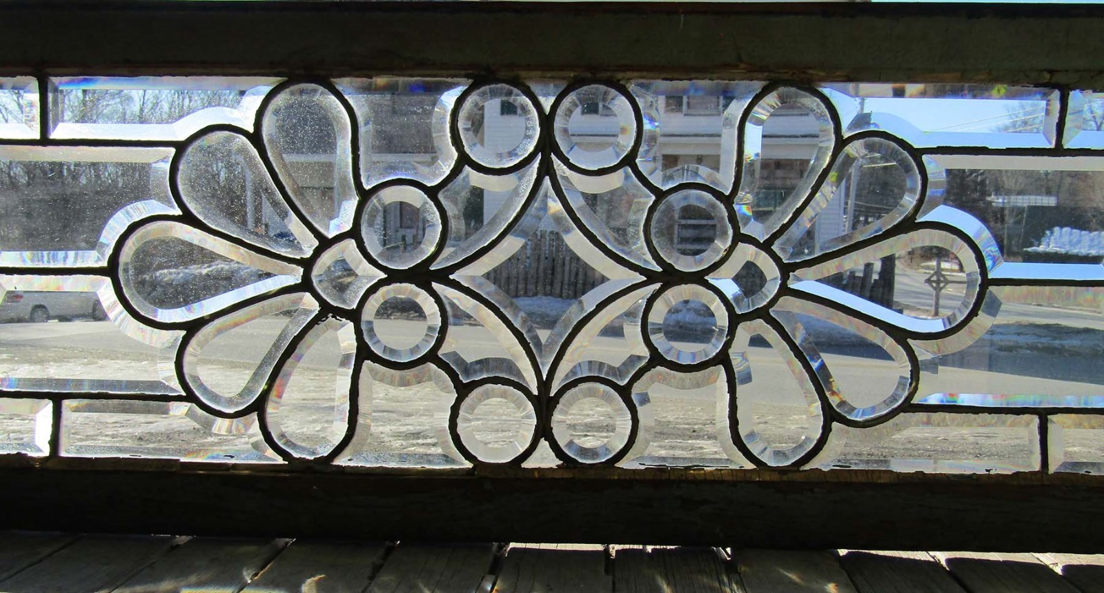 FANCY VICTORIAN BEVELED GLASS TRANSOM WINDOW 15 by 48