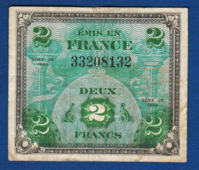 2 Francs 1944, France WW2 Military banknote, 2 DEUX Francs