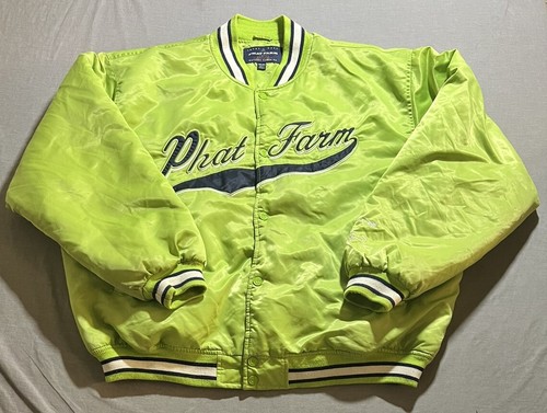 Vintage Y2K Phat Farm Snap Front Satin Varsity Jacket Adult 3XL Green Logo.