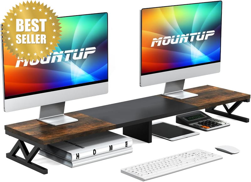 Dual Monitor Stand Riser 100Cm, Wood Desktop Organizer with Storage Space, Ergon