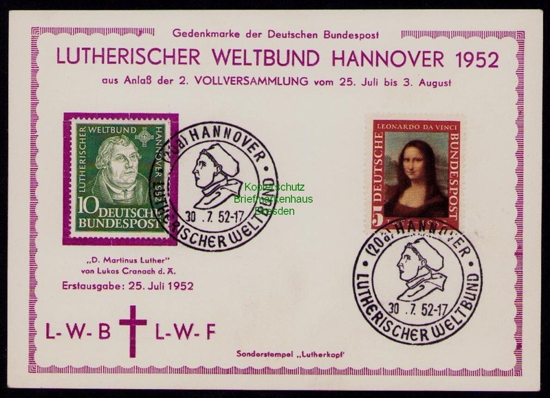 B17979 Gedenkkarte Gedenkblatt Brd 149 Lutherischer Weltbund Hannover 1952