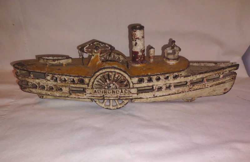 Antique Cast Iron Side Wheel Pull Toy Steam Ship–Adirondack–Wilkins/Dent/Hubley