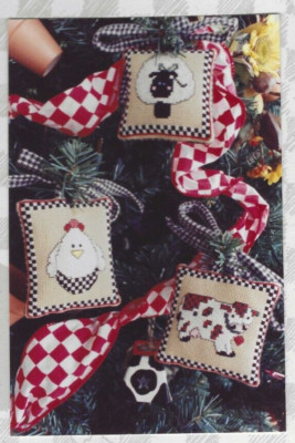 CHECKERBORDER ORNAMENTS-Cow-Sheep-Chick--3 Designs--Counted Cross Stitch Pattern