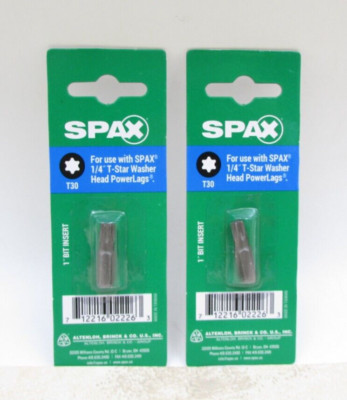 2 PACK SPAX  Torx T30 1'' Insert Drive Bit For 1/4'' T-Star Washer Head Power Lags