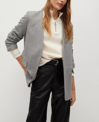 MANGO Women Gray Herringbone Wool-Blend Blazer Size XS NWT