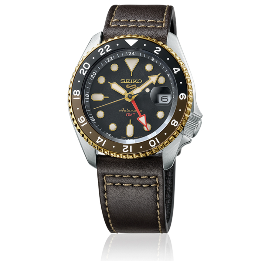 Pre-owned Seiko 5 Sports Sbsc020 Skx Series Gmt Automatic Watch Brown Leather Band 42.5mm