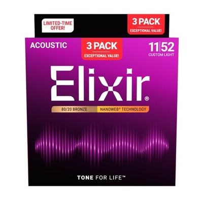 Elixir 3-Pack 80/20 Bronze NANOWEB Acoustic Guitar Strings, Custom Light 11-52