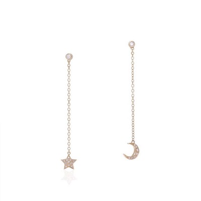  Mismatched Moon and Star Dangle Earrings 14K Yellow Gold 0.20 CTW