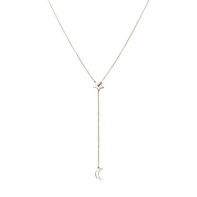  Moon and Star Lariat Necklace 14K Yellow Gold