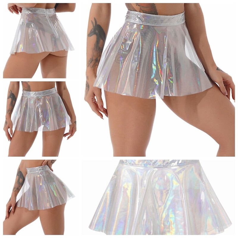 Women Mini Skirt Mesh Metallic Pleated Glossy Short Skirts