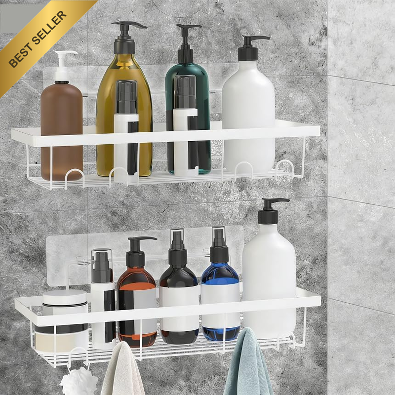 2 Pack Adhesive White Shower Caddy Organizer with Hooks, Rustproof No Drilling W