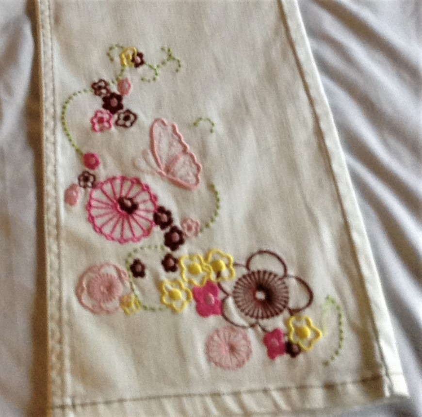 GIRLS~size 8~STRETCH  FLARE ~ Beige  Pants  with  EMBROIDERED  FLORAL Designs