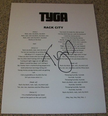 TYGA SIGNED AUTOGRAPH RACK CITY LYRIC LYRICS SHEET YOUNG CASH MONEY Y.M.C.M.B.