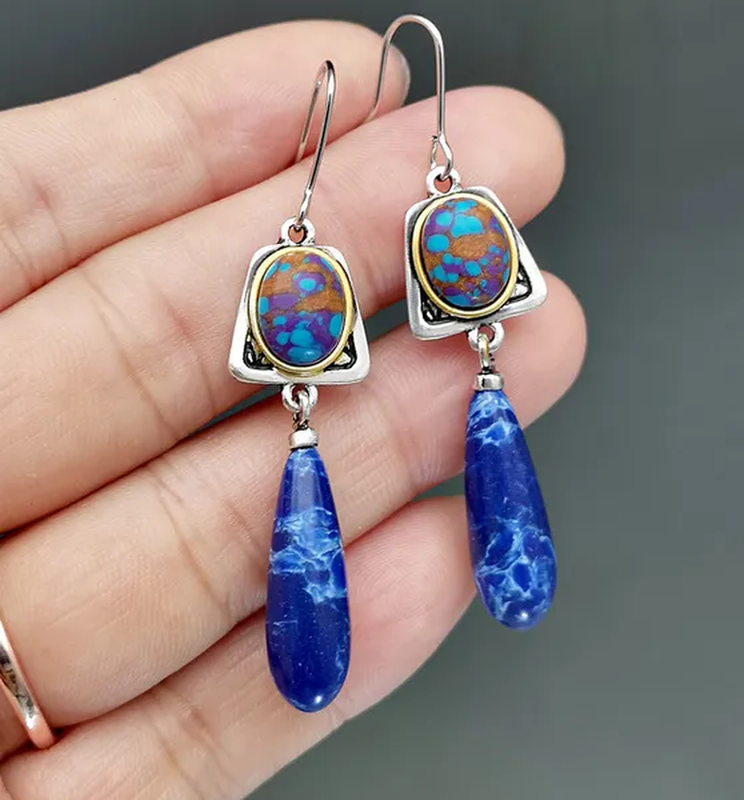 New Boho Style Natural Lapis Lazuli Gemstone Hook Earrings Women Wedding Engagement Earrings