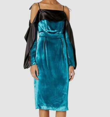 $4498 Escada Women Slim-Fit Blue Square-Neck Cold-Shoulder Ruffle Shift Dress 36