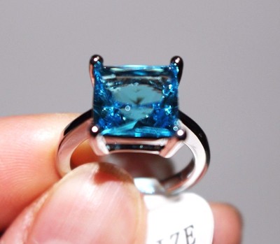 Princess Cut,Big Stone Blue Topaz Lady's Ring, White Gold Plated,Size 7,8 only