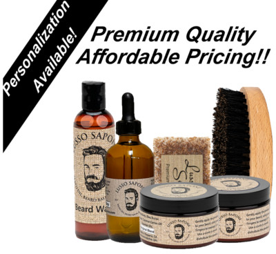 4 oz Beard Oil, 4oz Beard Balm, 4oz Beard Wash, 4oz Beard Wax, Soap, Wood Brush
