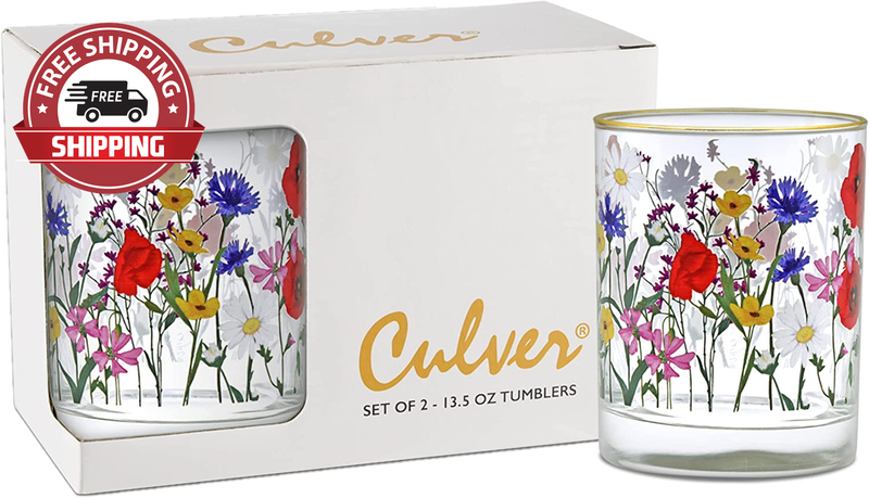 22K Rim Wildflower Meadow DOF Double Old-Fashioned Glasses, 13.5-Ounce, Gift Box