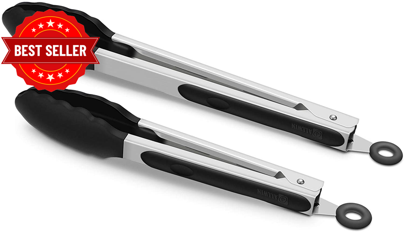 2 Pack Black Kitchen Tongs, Premium Silicone BPA Free Non-Stick Stainless Steel