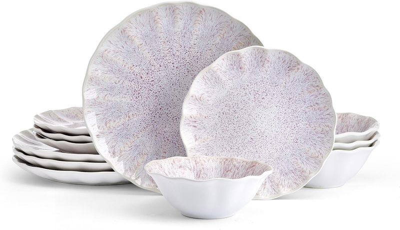 Isla Hand Crafted 12 Piece Plates Bowls Dinnerware Set, Service for 4, Pink