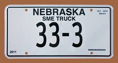 GREAT NUMBER! NEBRASKA SME TRUCK LICENSE PLATE '' 33 3 '' SPECIAL MOBILE EQUIPMENT
