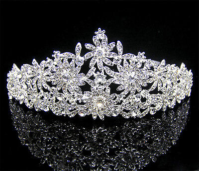 79b Dazzling Pageant Bridal Silver Plated Multi Flower Crystal Wedding Tiara