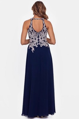 Pre-owned Betsy & Adam Women's Long Chiffon Beaded Halter Dress, Navy, 10p In Blue