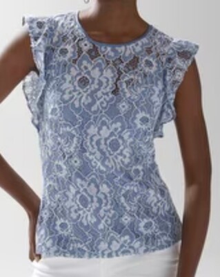 White House Black Market Flutter Sleeve Lace Shell Top Denim Blue Ecru NWT   8