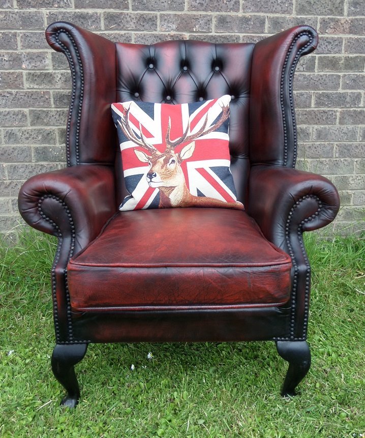 Stunning Chesterfield Queen Anne Wing Back Chair Oxblood Red Leather UK