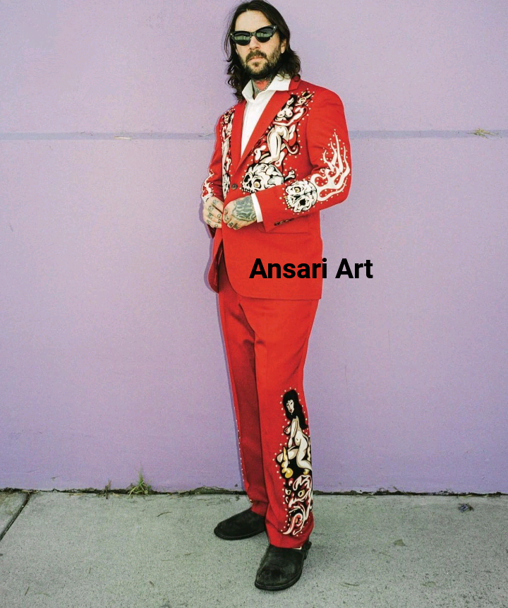 ART MEN RED 2PC BESPOKE SKELETON FLAMES FLORAL EMBROIDERED RHINESTONE COWBOY OUTFITS