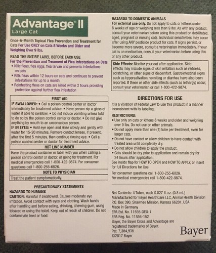 *NEW 2019*Bayer Advantage II Flea Prevention for large Cats 4 doses over 9lbs