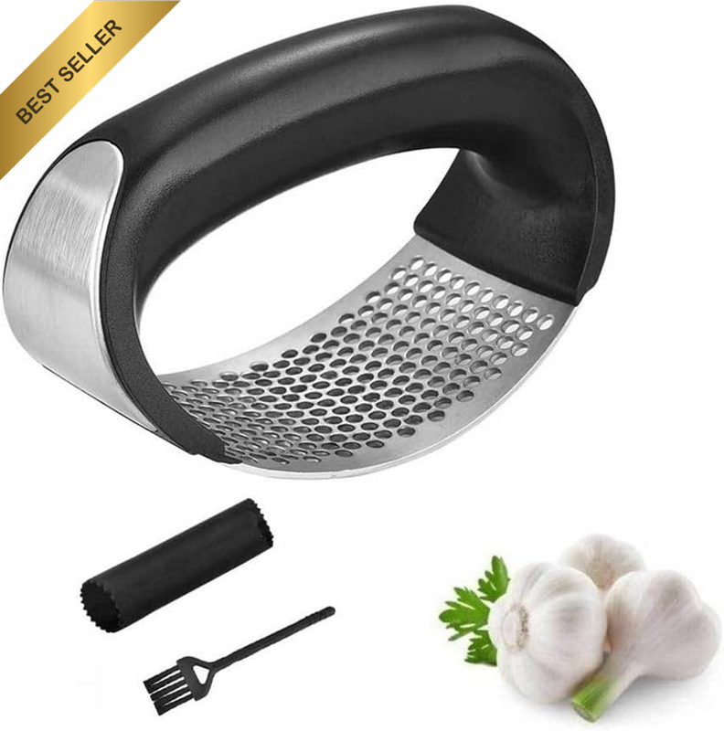 Stainless Steel Garlic Press Rocker Set with Silicone Peeler & Cleaning Brush –