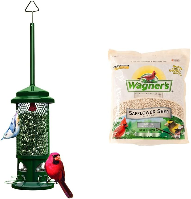 Standard Squirrel-Proof Bird Feeder W/4 Metal Perches, 1.3-Pound Seed Capacity, Garden Green & Wagner'S 57075 Safflower Seed Wild Bird Food, 5-Pound Bag