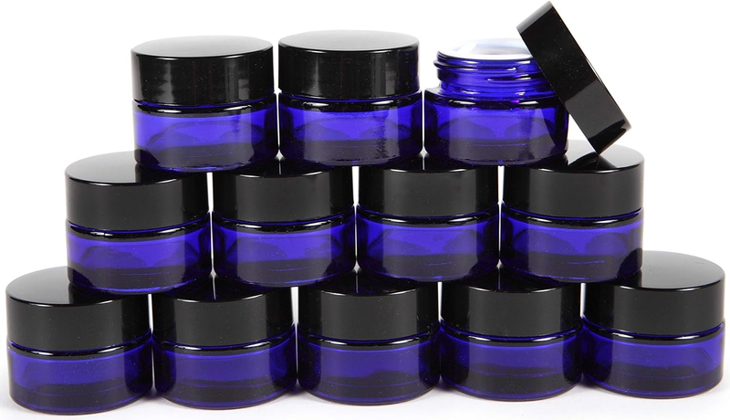 Vivaplex, 12, Cobalt Blue, 1 Oz, round Glass Jars, with Inner Liners and Black L