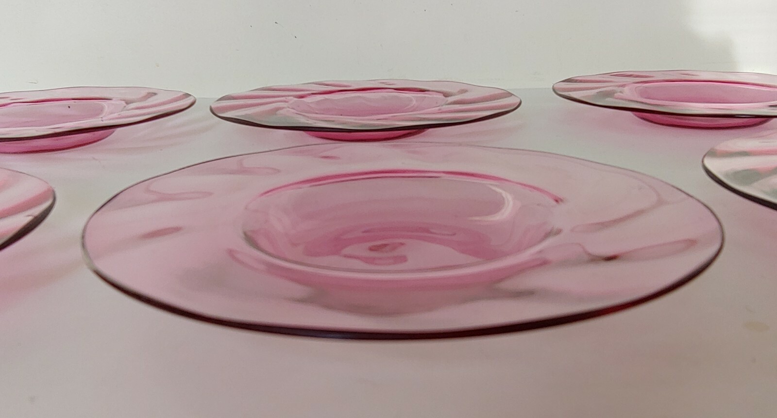 Antique Victorian Pink Optic Swirl Cranberry Glass Desert Plates Lot of 6