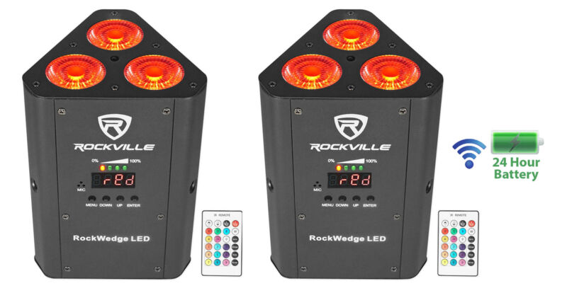 (2) Rockville RockWedge LED RGBWA+UV Rechargeable Wireless DMX DJ Par Up-Lights