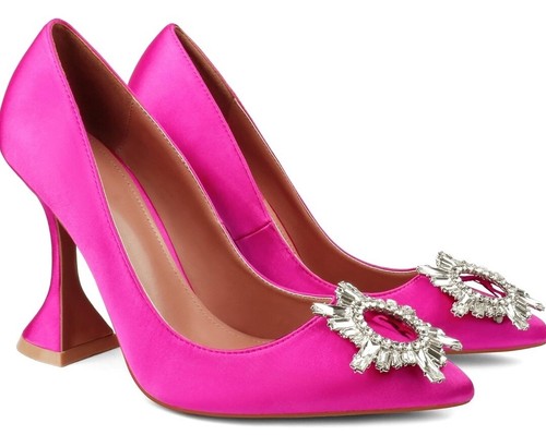 Women Hot Pink Satin Rhinestone Embellishment Triangle Heel
