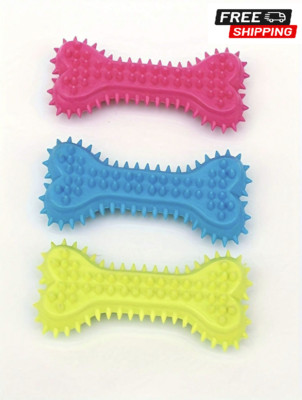 Bone Shaped Dog Chew Toy, Teeth Cleaning, Rubber Toothbrush (Random Color) NEW