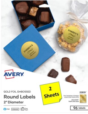 [2 Sheets] Avery 22831 Gold Foil Embossed 2'' Round Labels INKJET