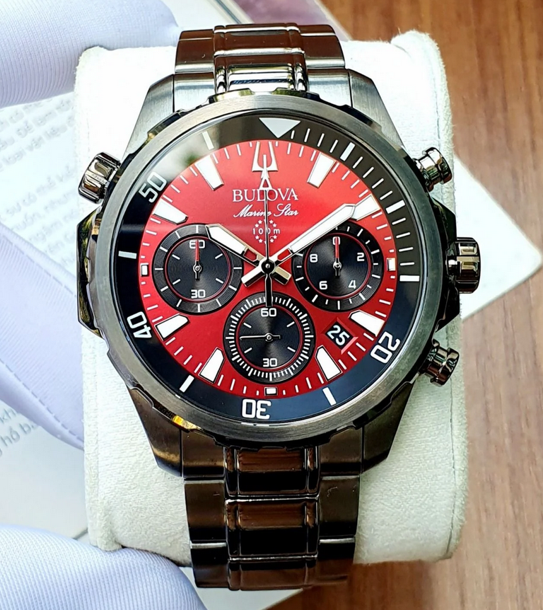 Pre-owned Bulova 98b350 Marine Star Red Dial Chronograph Stainless Steel Men's Watch