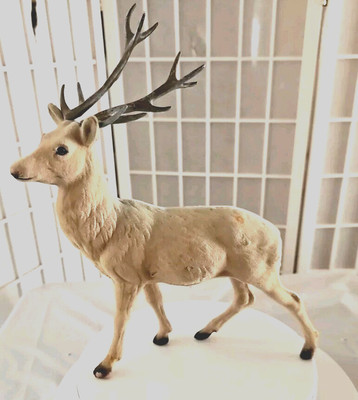 Vintage Flocked Stag Reindeer Over Blow Mold Blue Eyes Light Brown Hair
