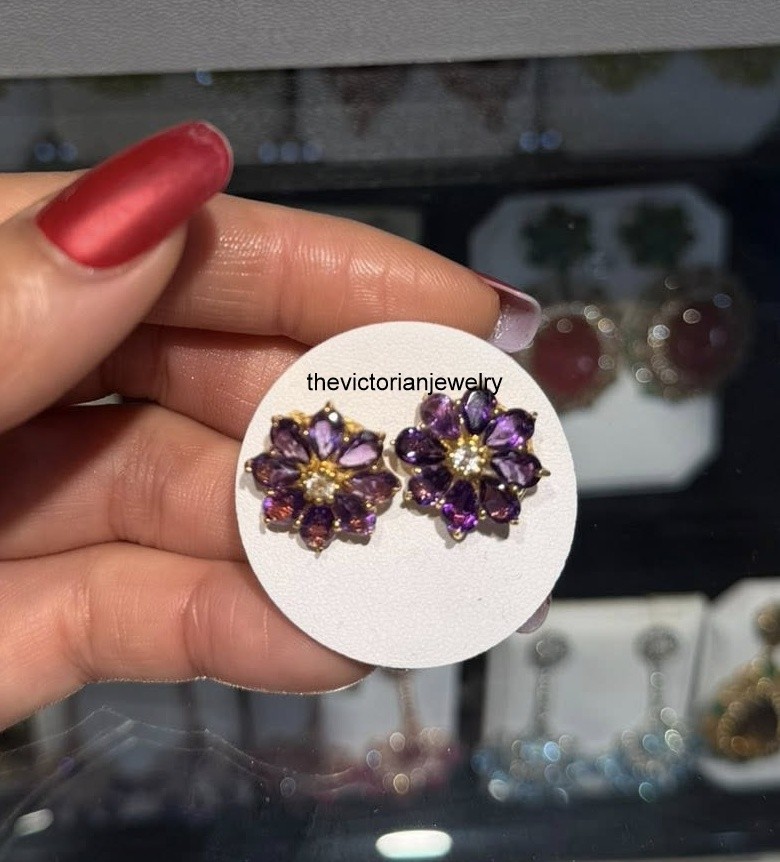 Natural Amethyst Diamond Flower Shape Earrings Vintage Handmade Jewelry For Her