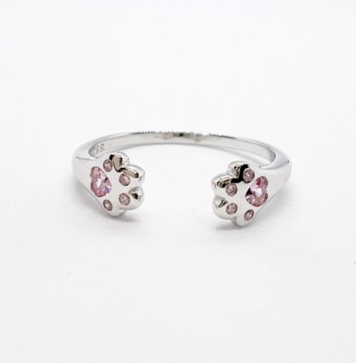 Cat Paw Print Adjustable Ring Pink Pet Animal Genuine 925 Sterling Silver  
