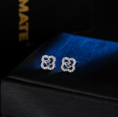 Adorable Tiny Silver Flower Clover Swan Pave Cubic Zirconia Stud Earring 