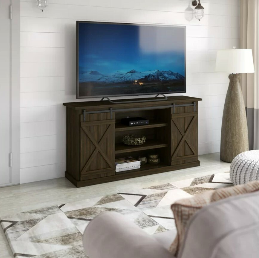Farmhouse TV Stand Up To 70 Inch TVs Barn Door Entertainment Center Espresso New