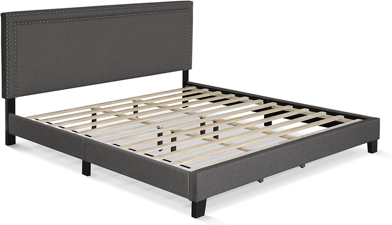Laval Double Row Nail Head Upholstered Platform Bed Frame, King, Stone
