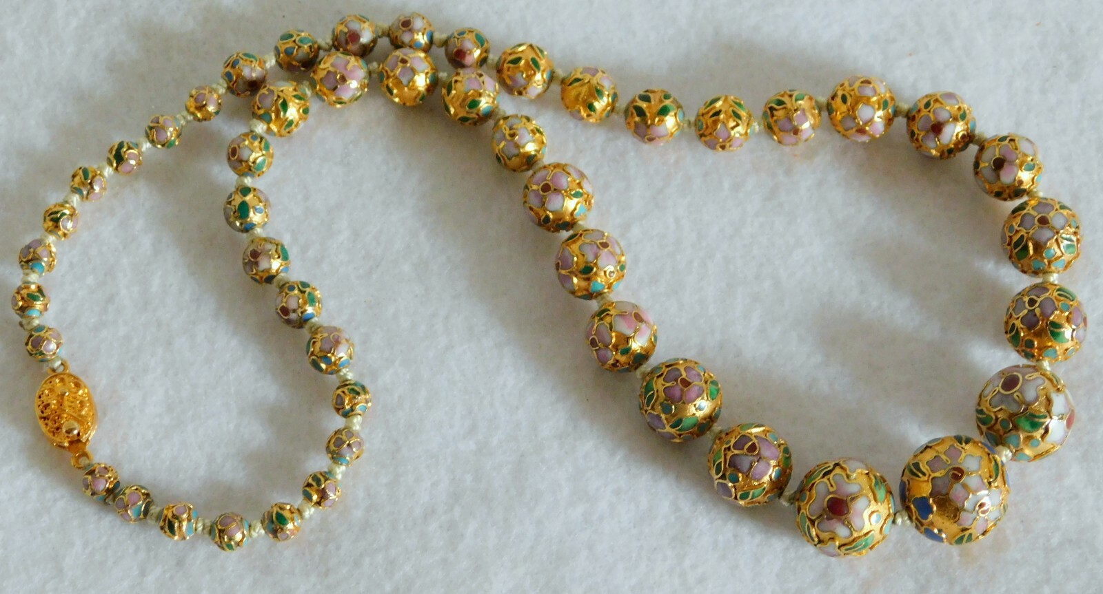 Gorgeous Pink Enamel Cloisonne Gold Flower Bead Necklace w/Box Clasp